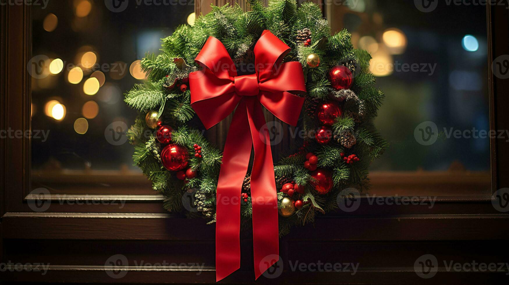 ai generative Christmas wreath with red bow and berries on the door close up photo