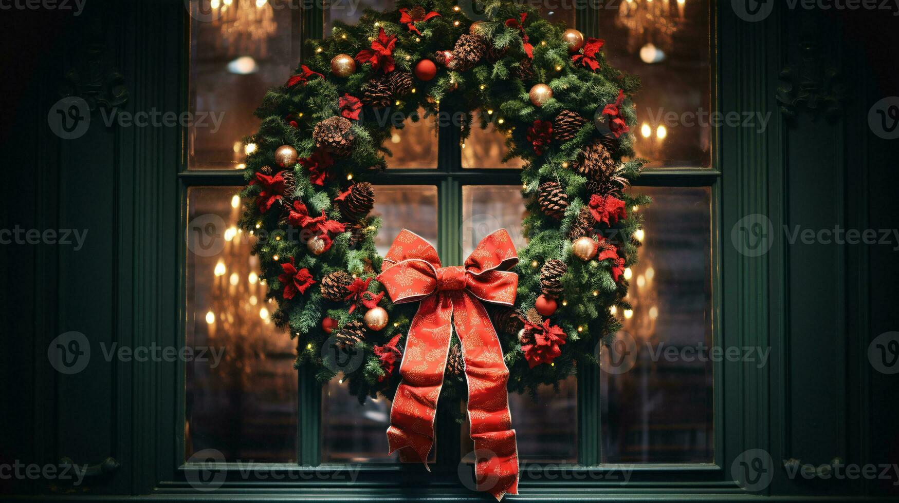 ai generative Christmas wreath with red bow and berries on the door close up photo