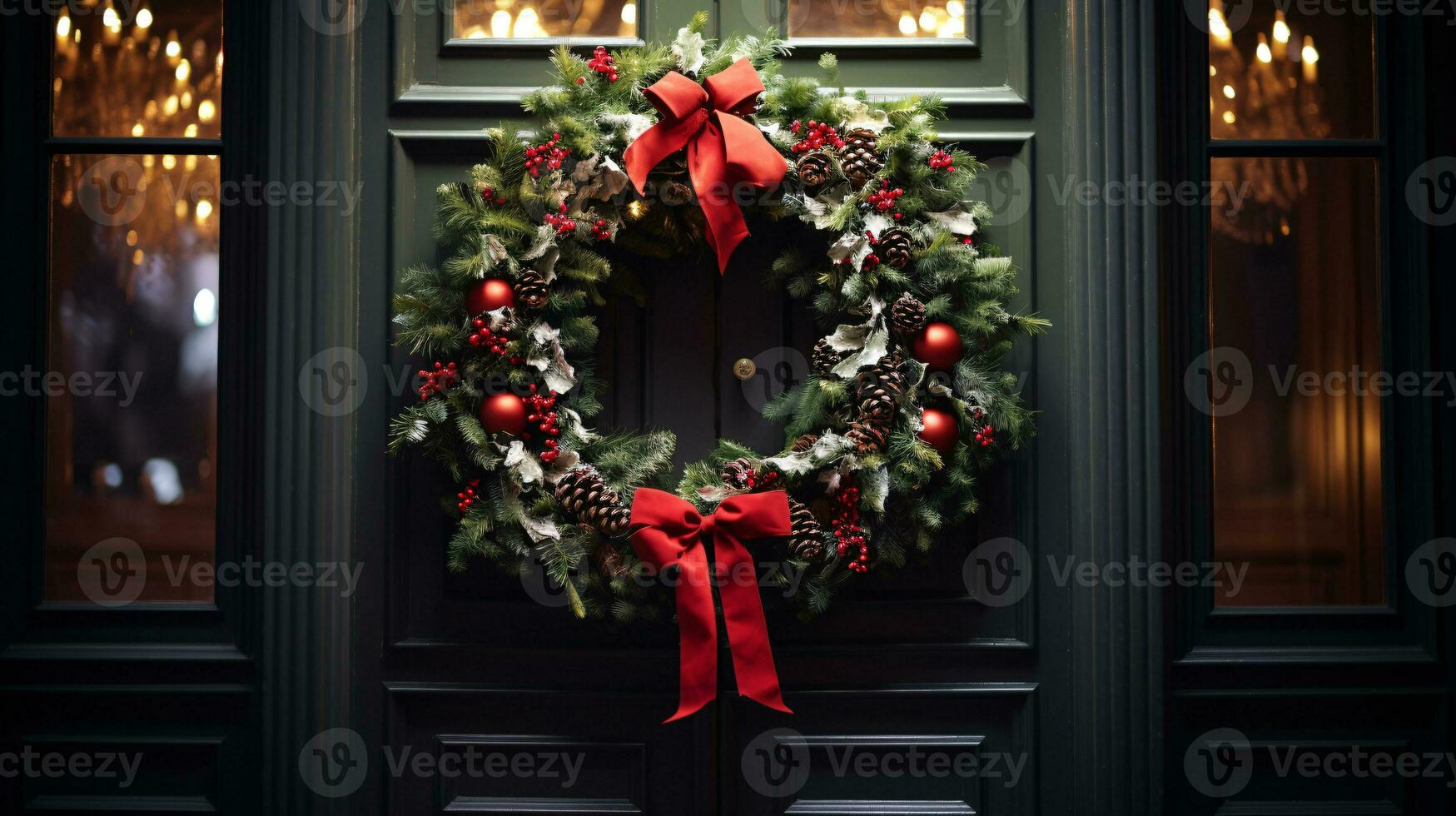 ai generative Christmas wreath with red bow and berries on the door close up photo