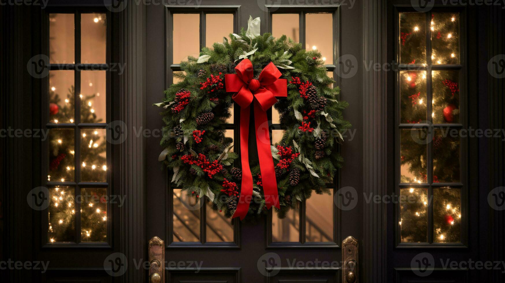 ai generative Christmas wreath with red bow and berries on the door close up photo