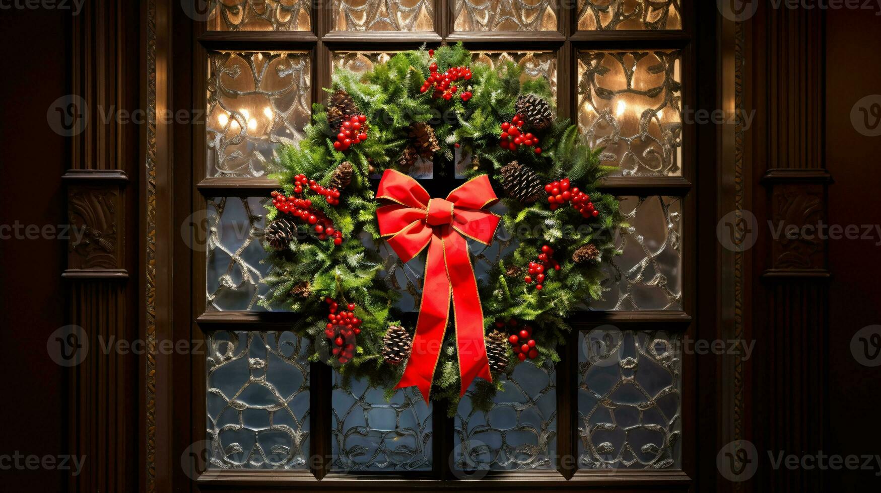 ai generative Christmas wreath with red bow and berries on the door close up photo