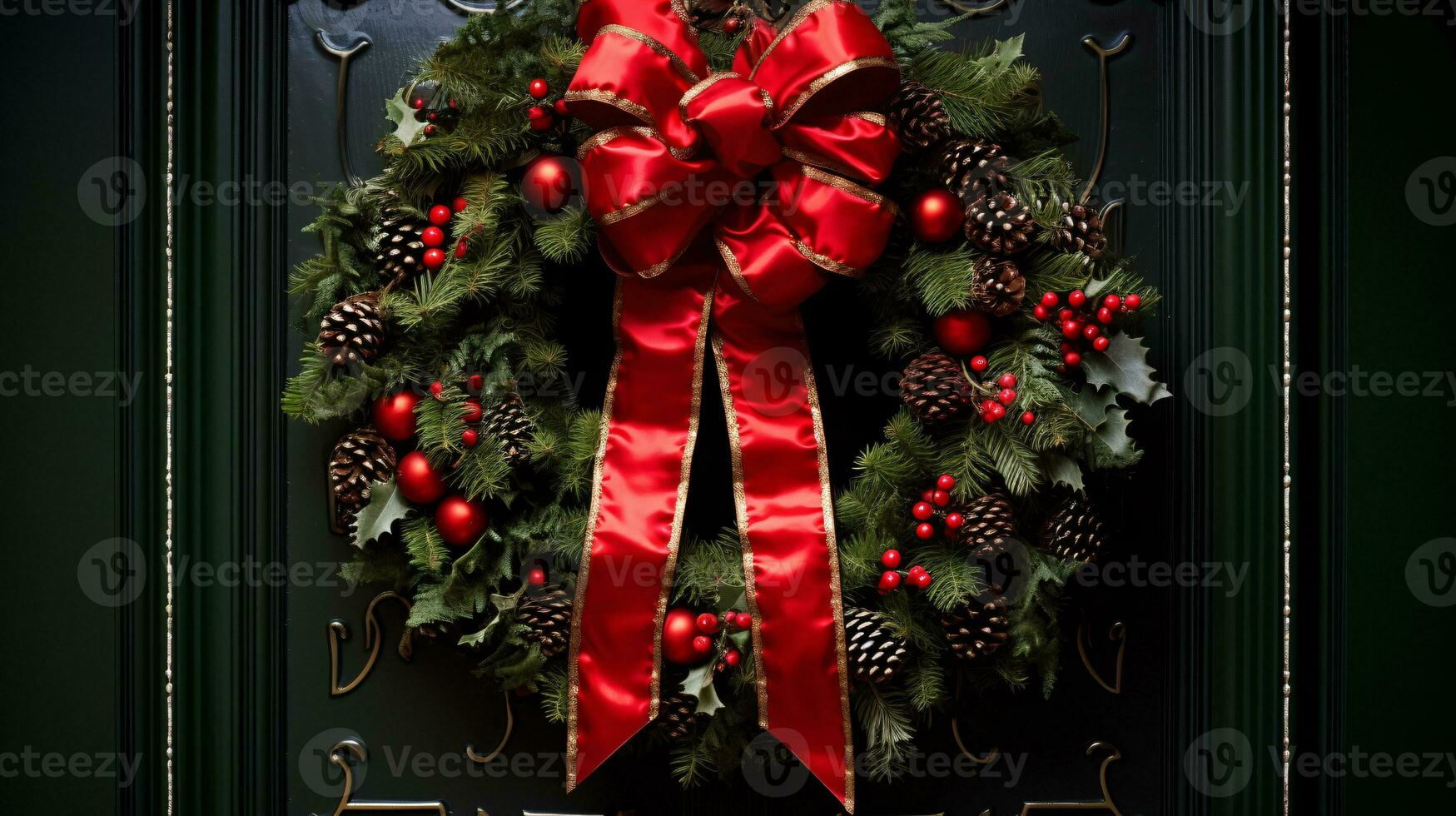 ai generative Christmas wreath with red bow and berries on the door close up photo