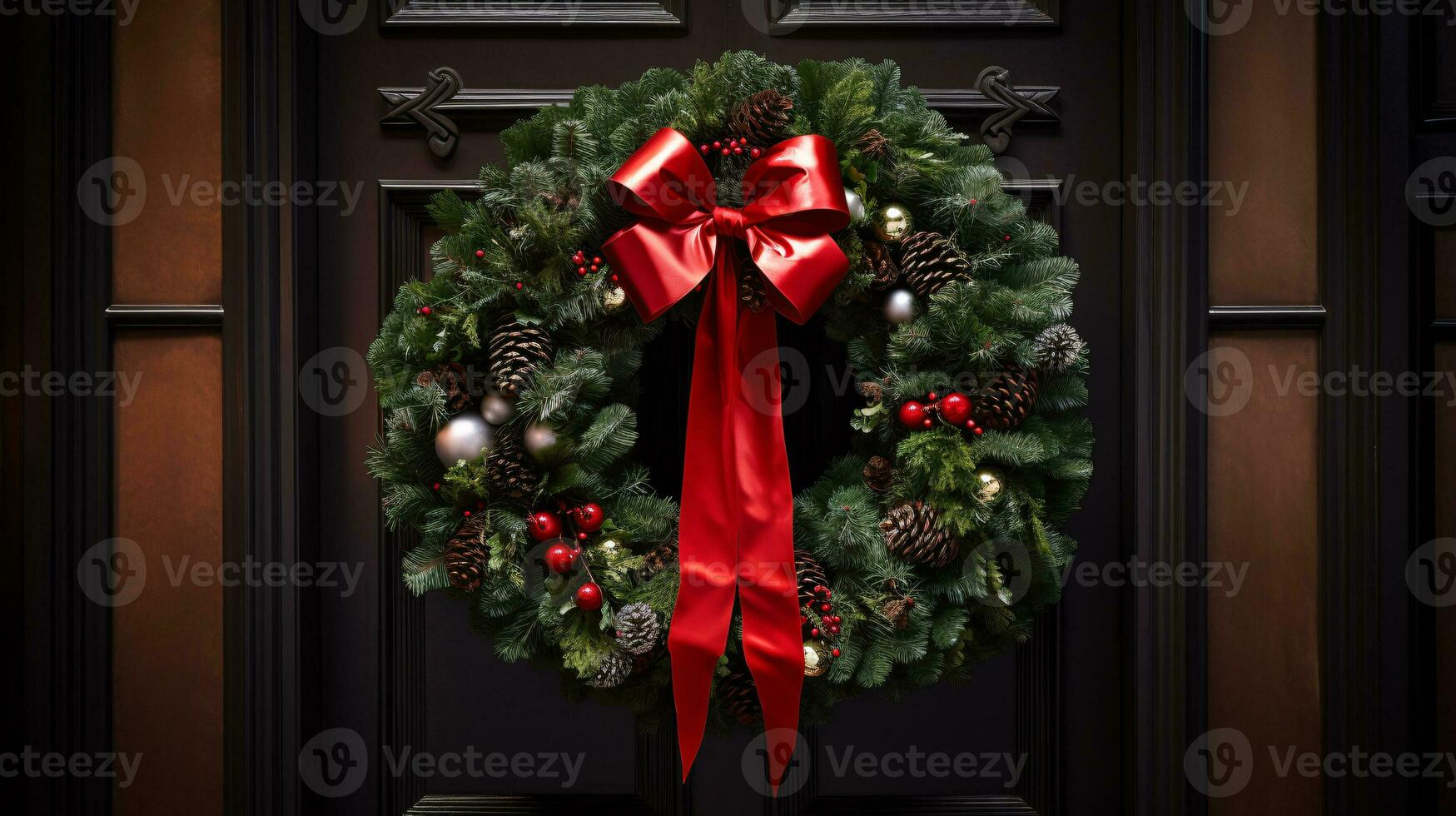 ai generative Christmas wreath with red bow and berries on the door close up photo