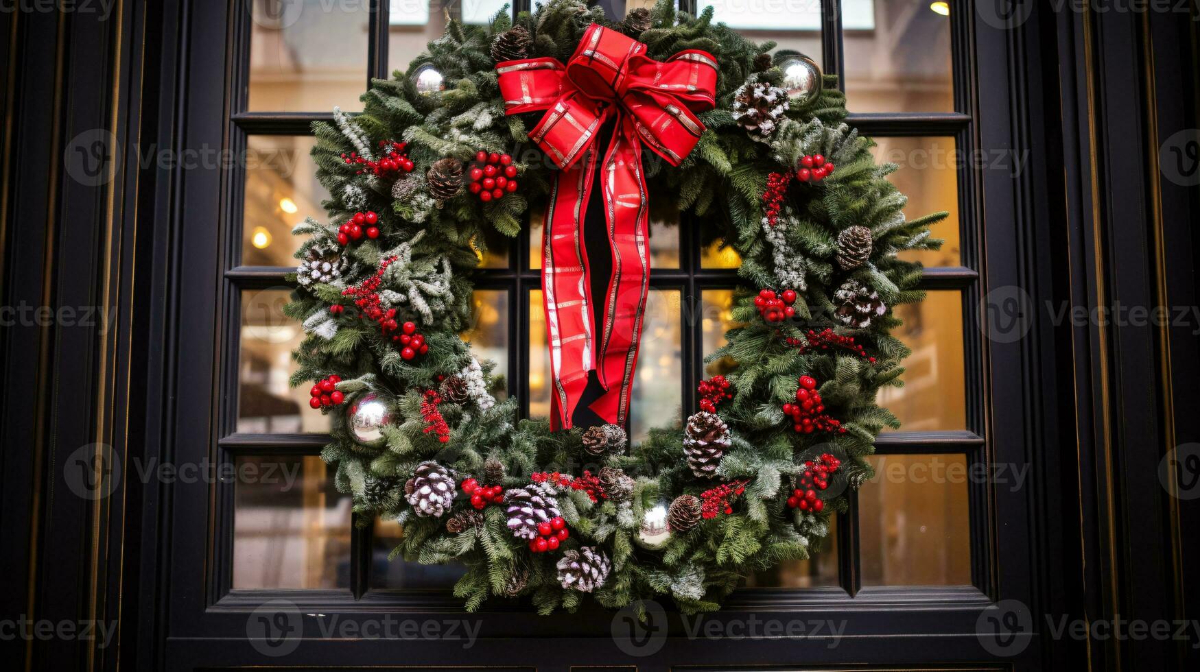 ai generative Christmas wreath with red bow and berries on the door close up photo