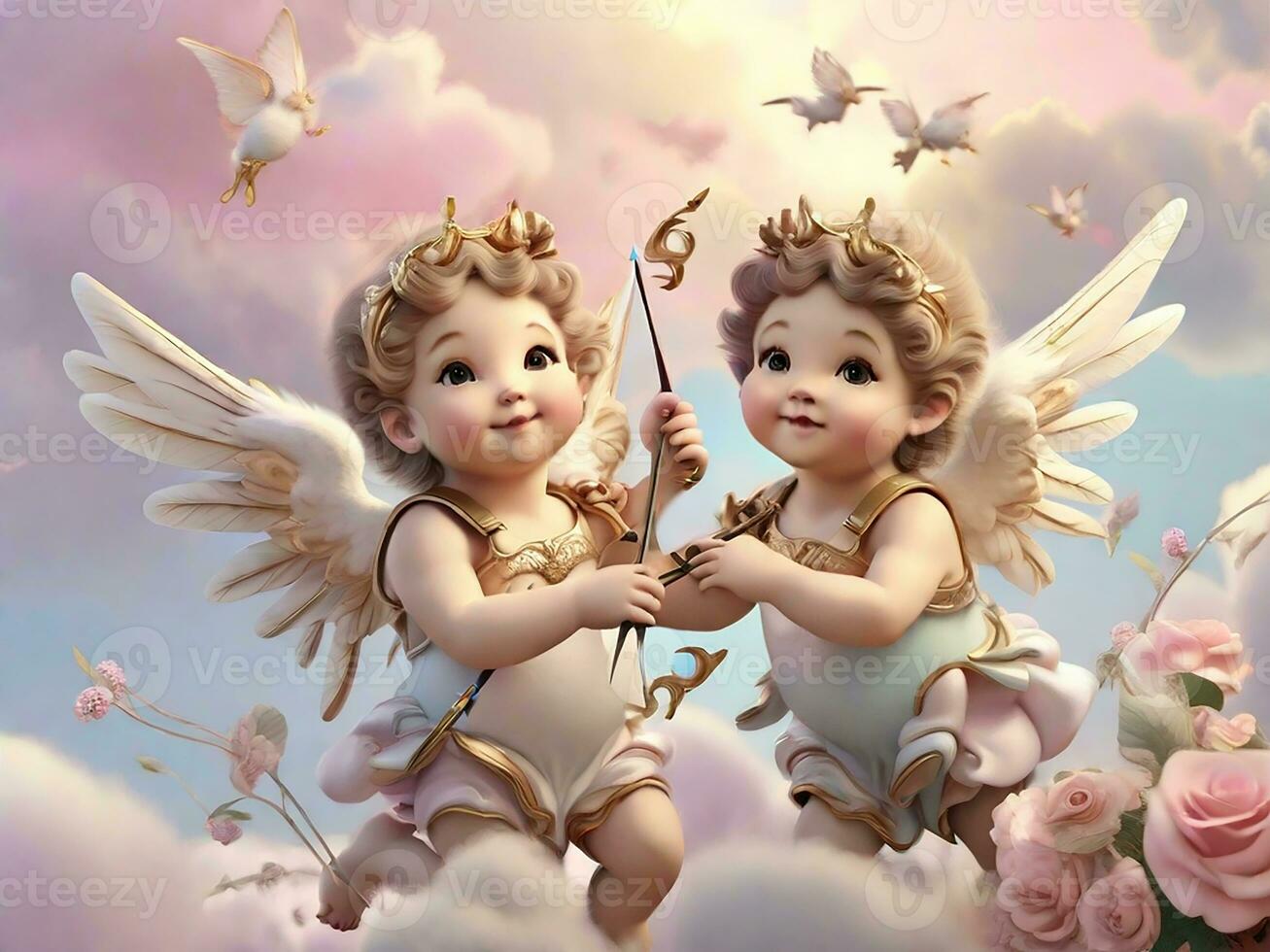 Angel with heart valentine's day background. generative ai photo