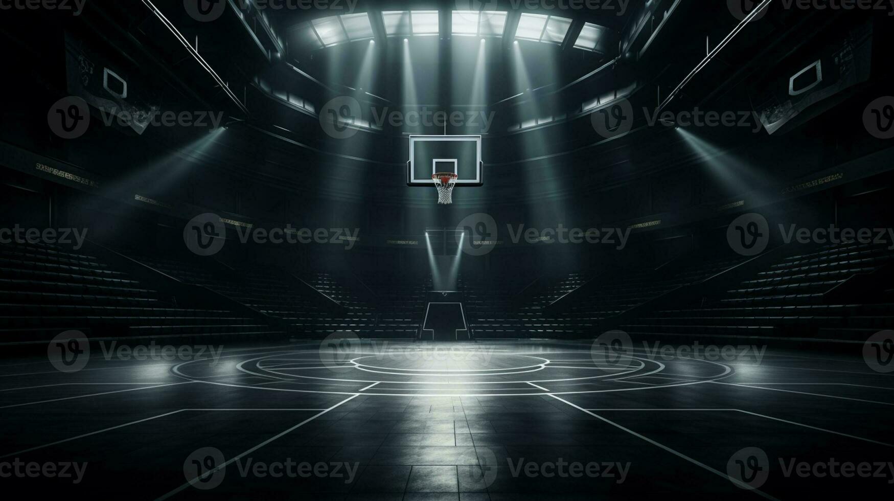 Basketball going through the basket on black backgorund, detail shot. Generative AI photo