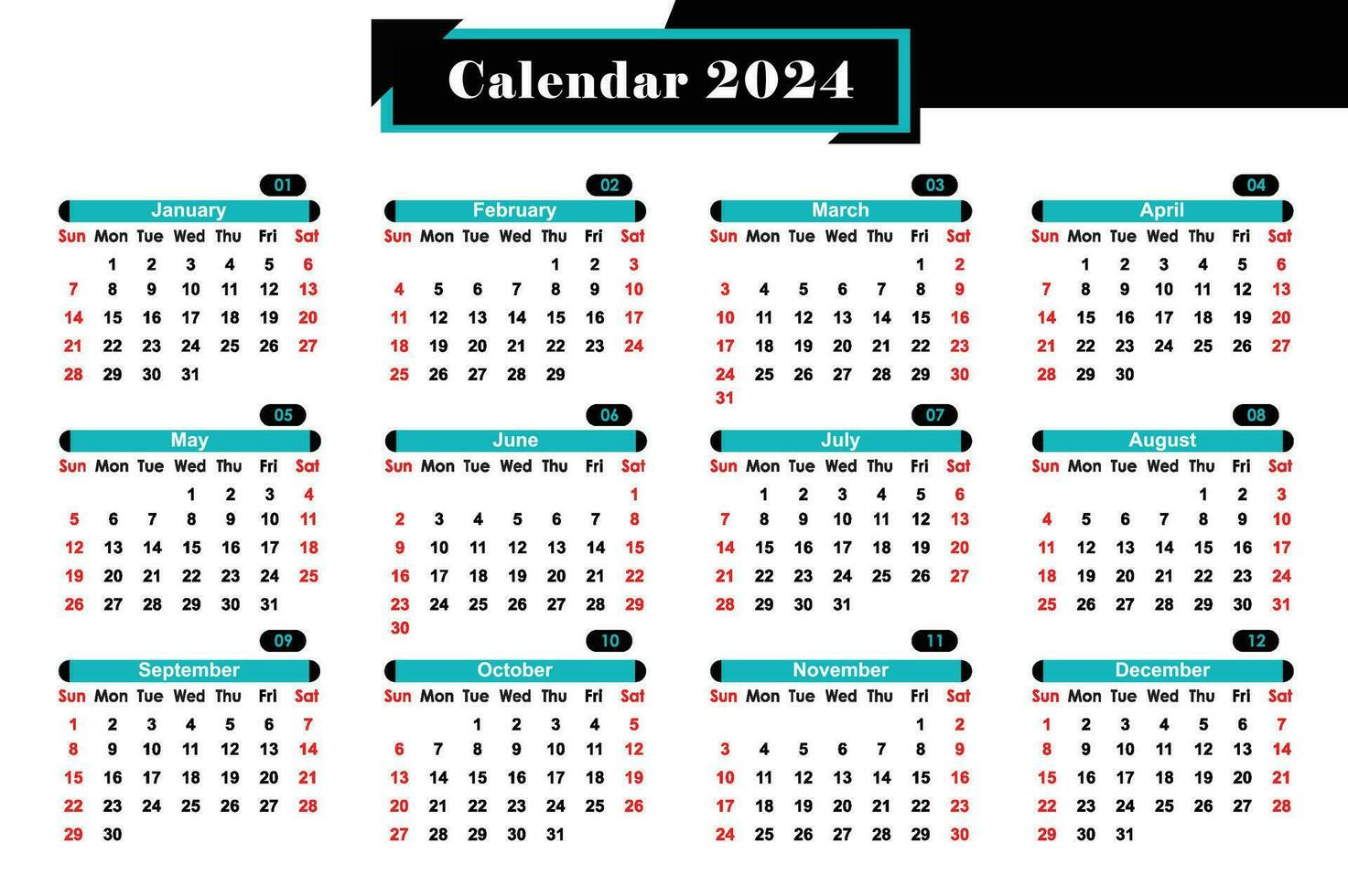 Modern Creative And professional calendar Design 2024, blue unique style calendar vector