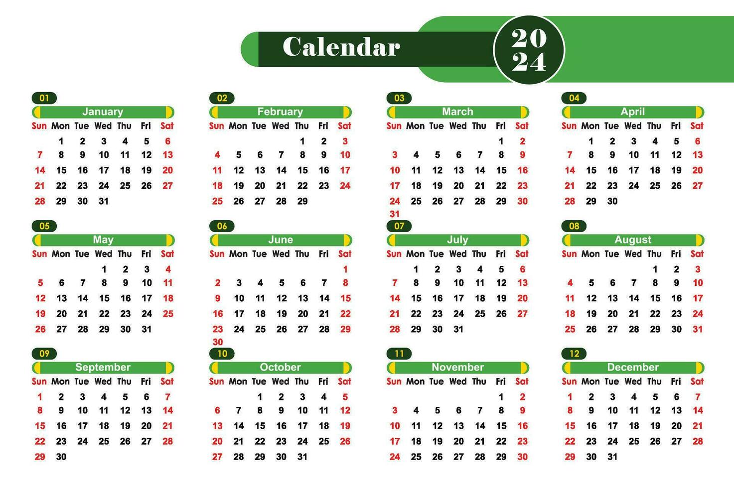 Modern Creative And professional calendar Design 2024, green unique style calendar vector