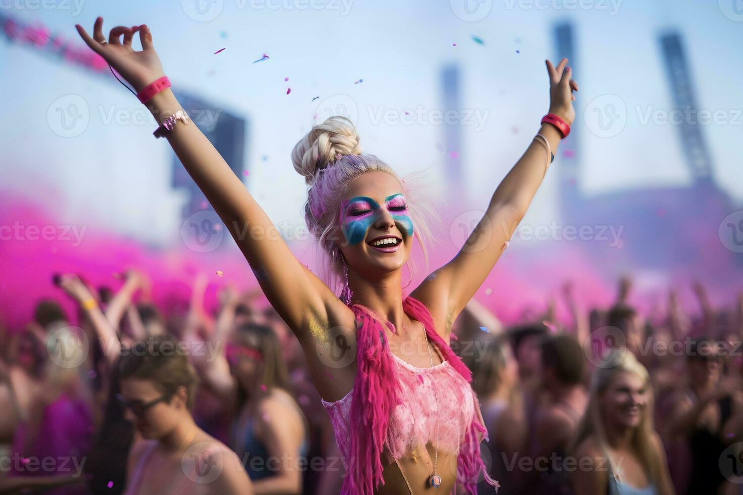 Portrait of beautiful dancer girl at new year EDM festival photo