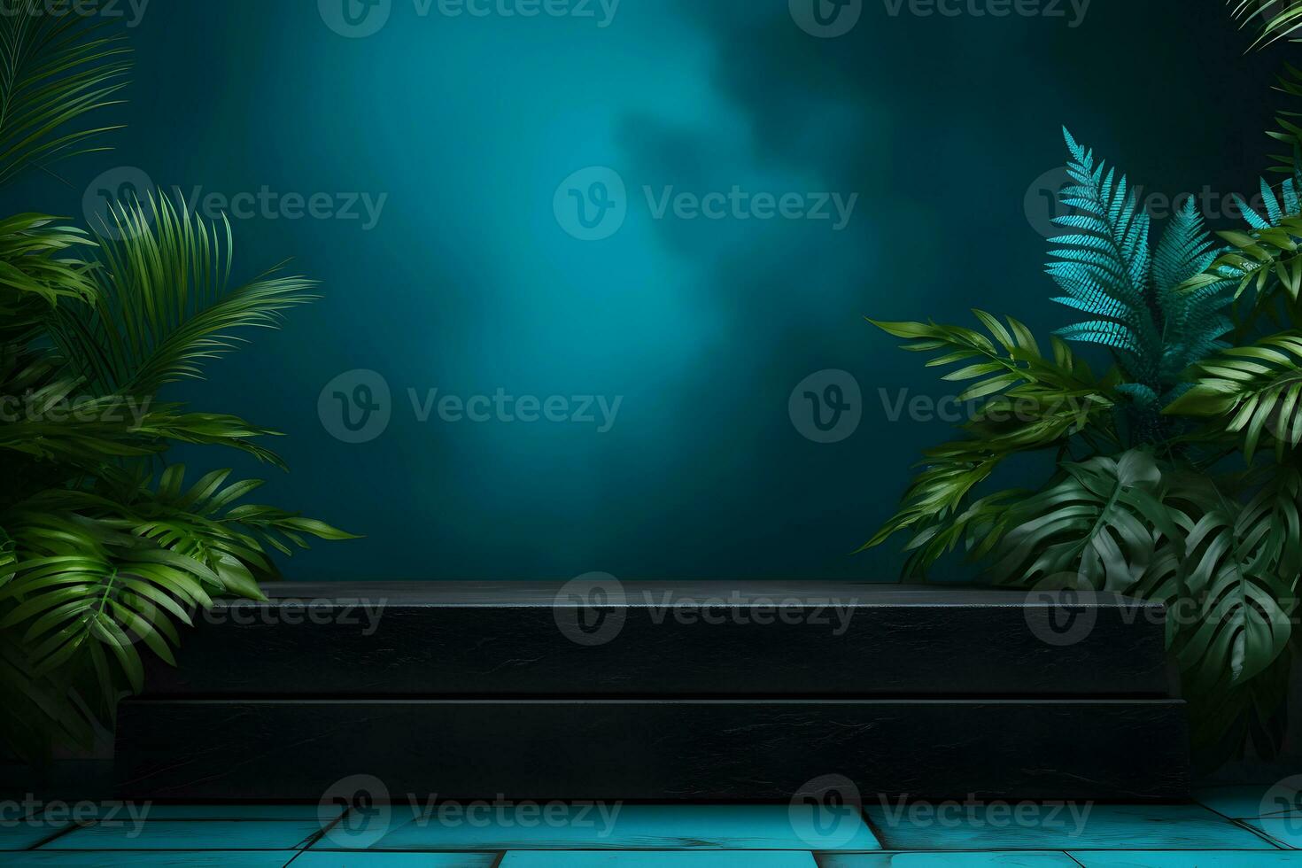 Empty concrete podium, green plants and leaves. Stage showcase for cosmetic products presentation photo