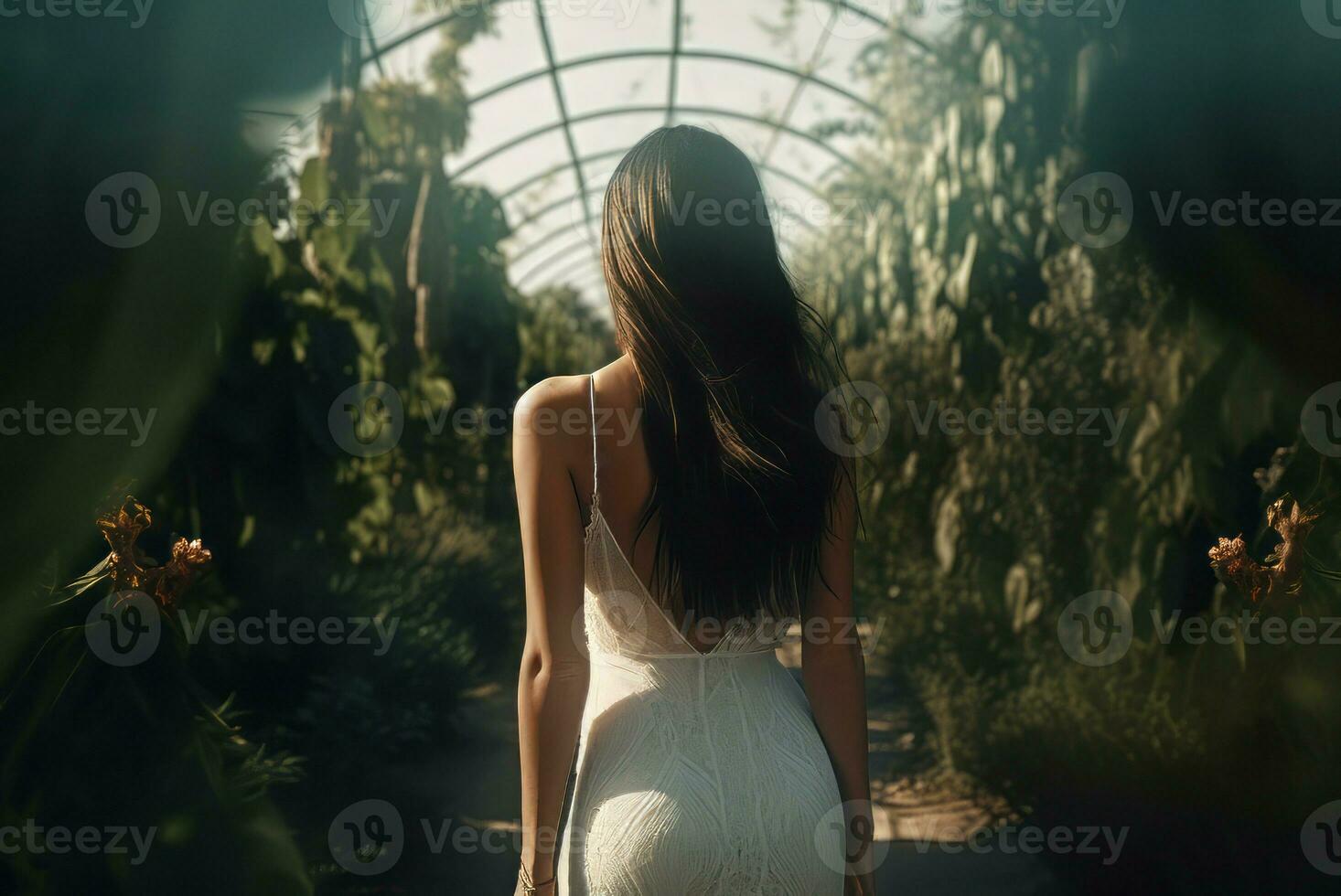 Woman closeup white dress back in botanical garden. Generate Ai photo