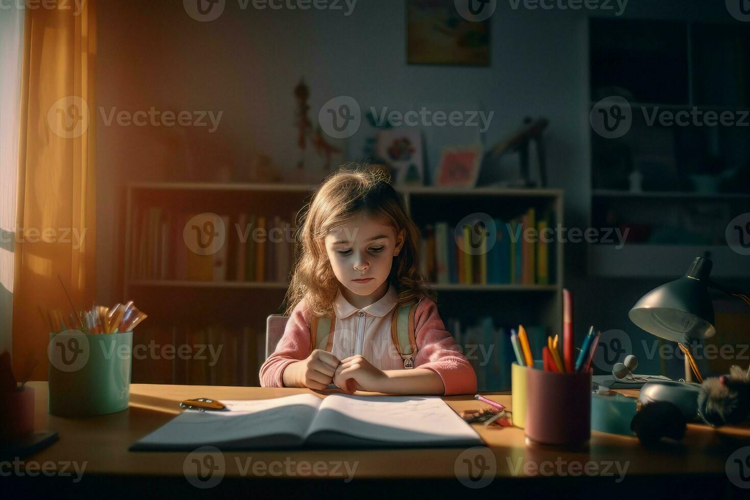 Girl sitting desk at morning. Generate Ai photo