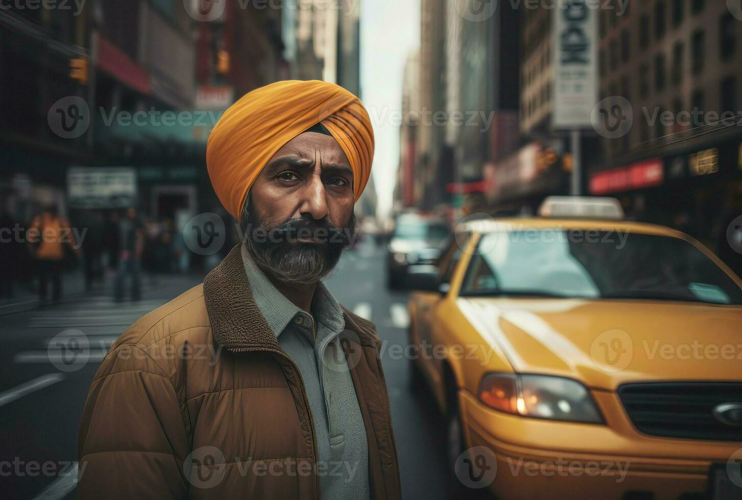 Sikh adult taxi driver city street. Generate AI photo