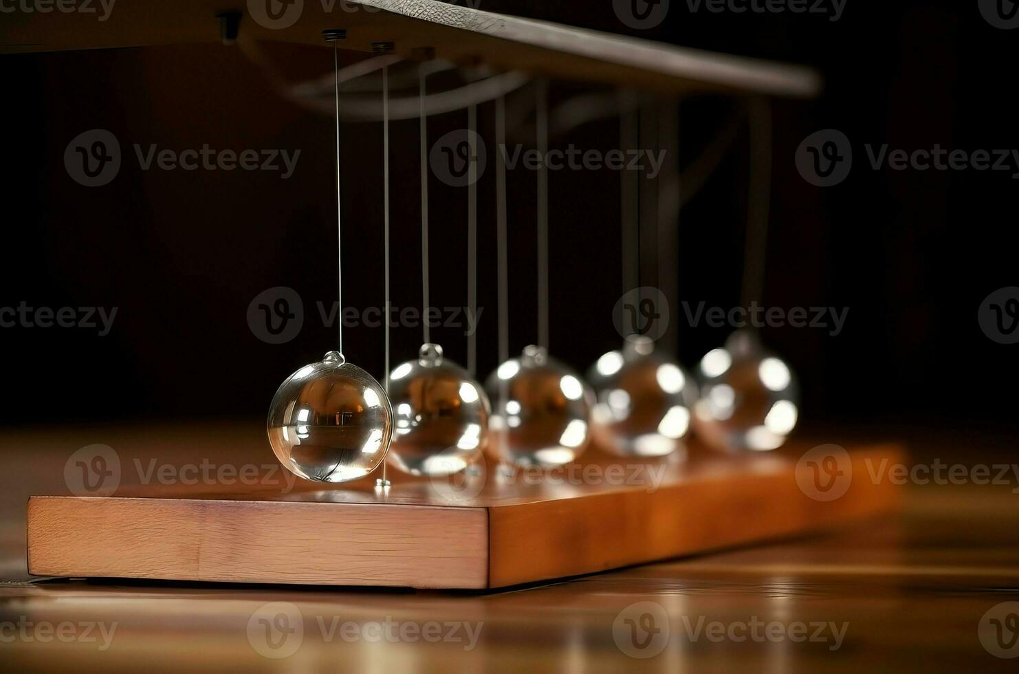 Newtons cradle wooden table. Generate Ai photo