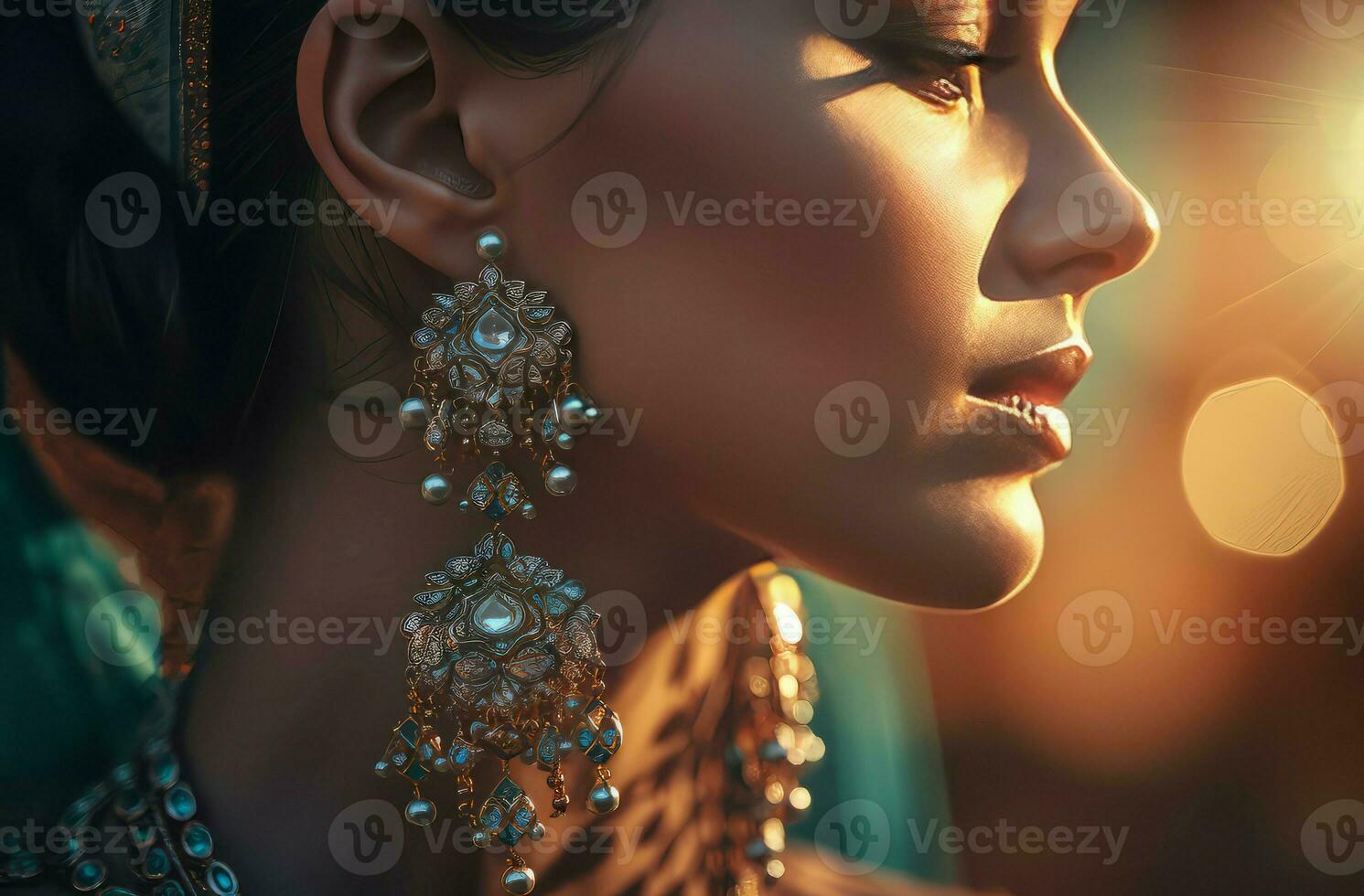 Closeup girl jewellery pose. Generate Ai photo