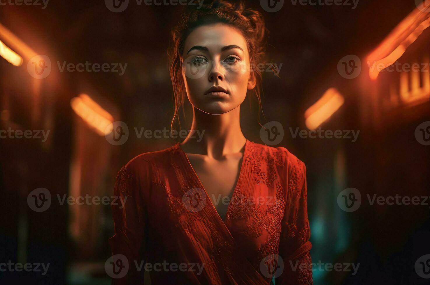 Beautiful woman in red dress. Generate AI photo