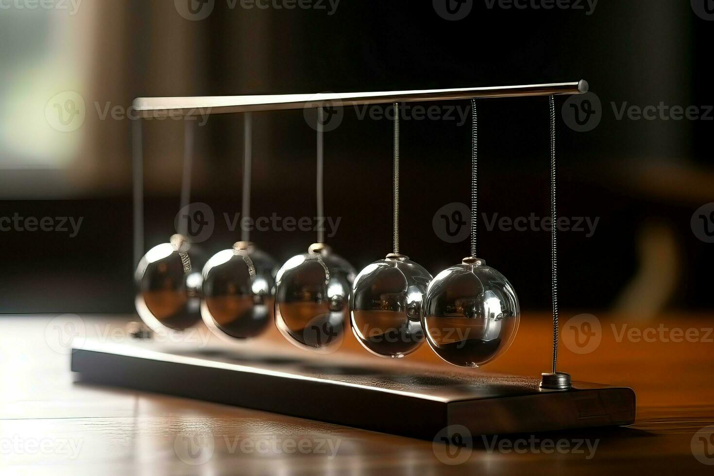 Newtons cradle wooden table sphere. Generate Ai photo