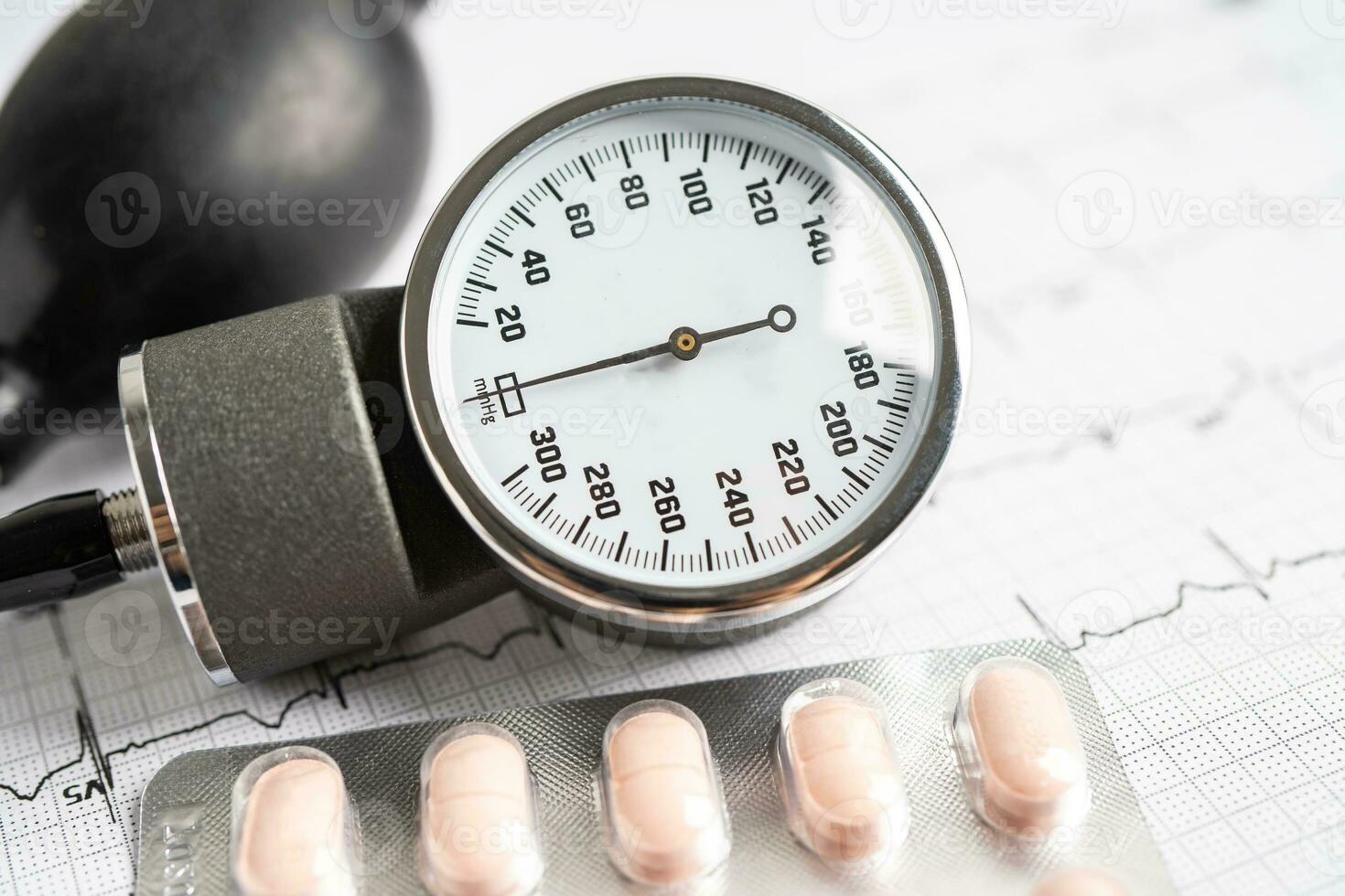 Blood pressure with drug on Electrocardiogram ECG, heart wave, heart attack, cardiogram report. photo