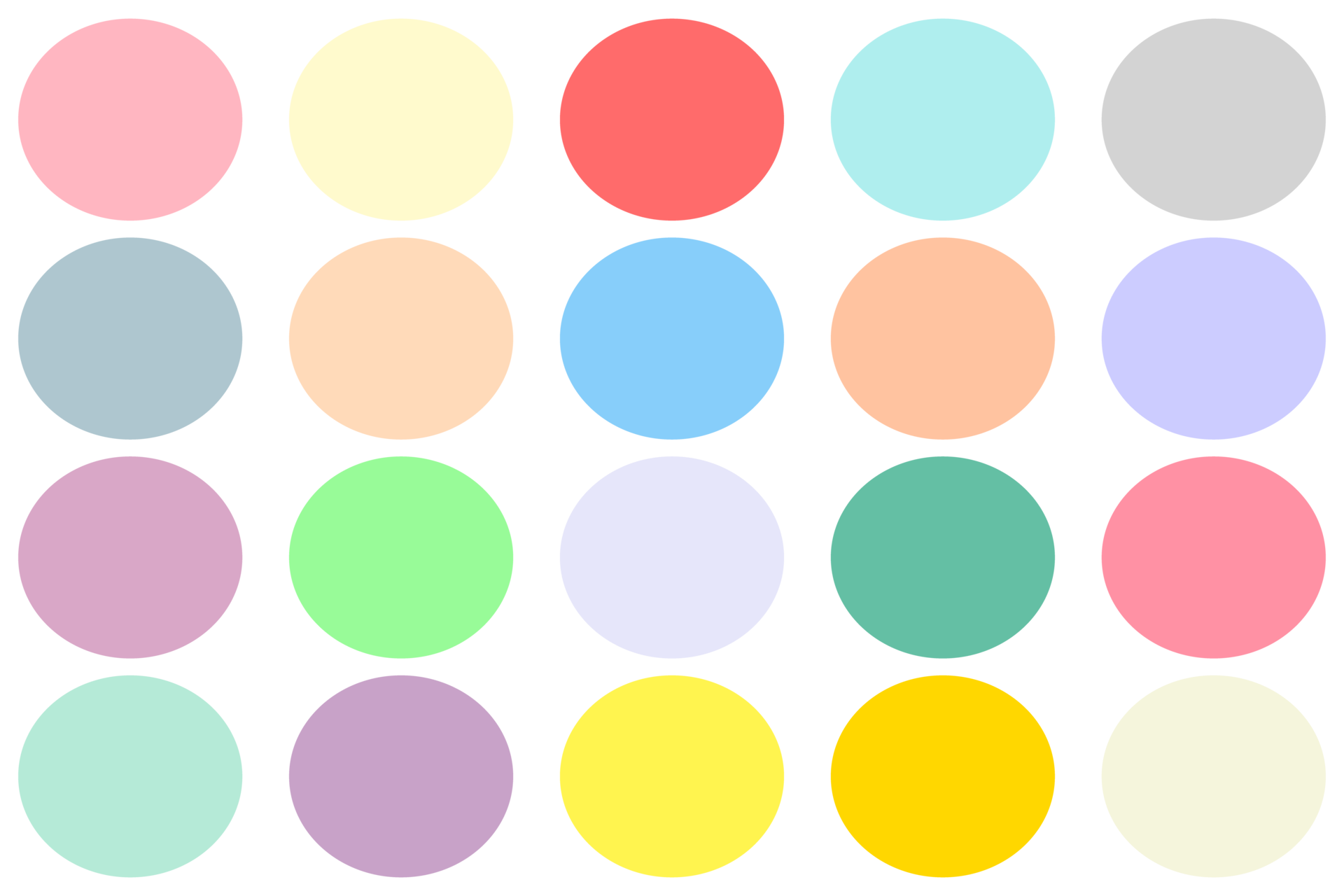 Isolated pastel color palette with color code on transparent background, 20 rgb pastel colors