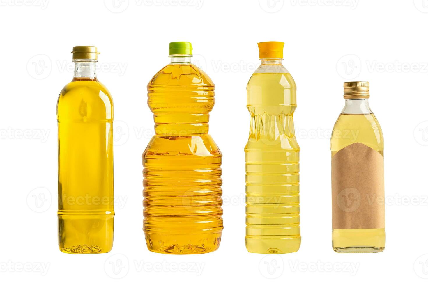 Vegetable oil with olive oil in different bottle for cooking isolated on white background with clipping path. photo