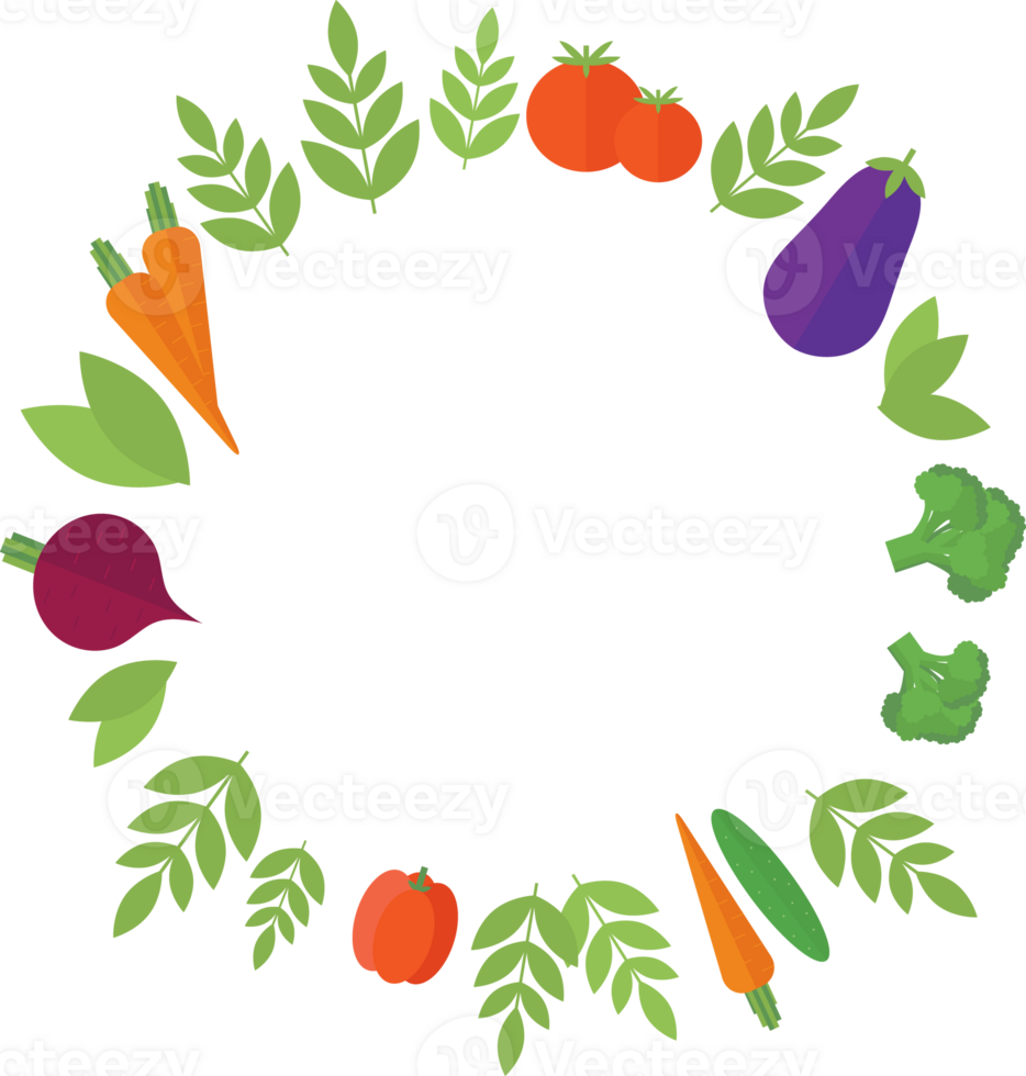 Rounded frame of vegetables - tomato, eggplant, broccoli, carrot, and green leaves in flat png