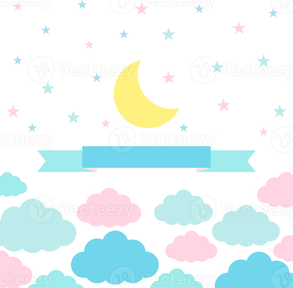 Moon, clouds and stars in pastel colors png