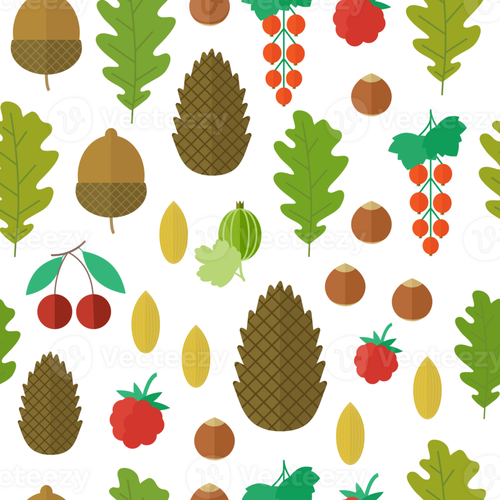Seamless pattern with fresh berries and nuts in flat style png