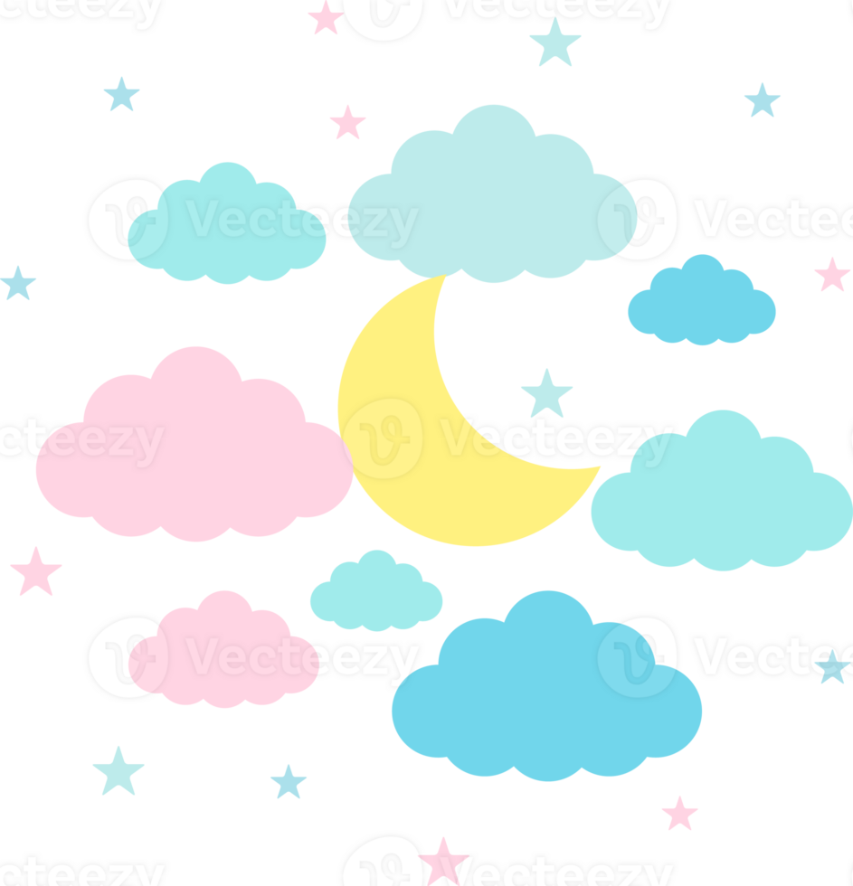 Moon, clouds and stars in pastel colors png