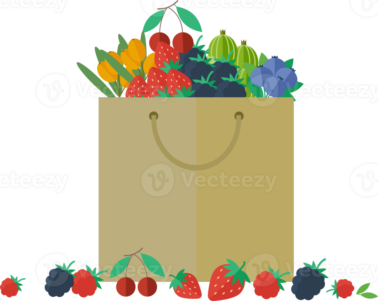 Paper package with various fresh wild and garden berries png
