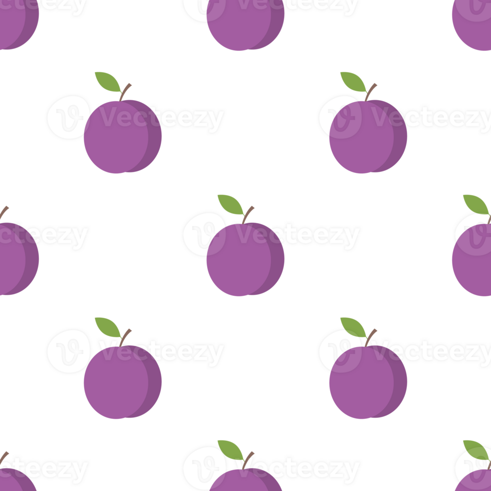 Seamless pattern with fresh plums and green leaf in flat style png