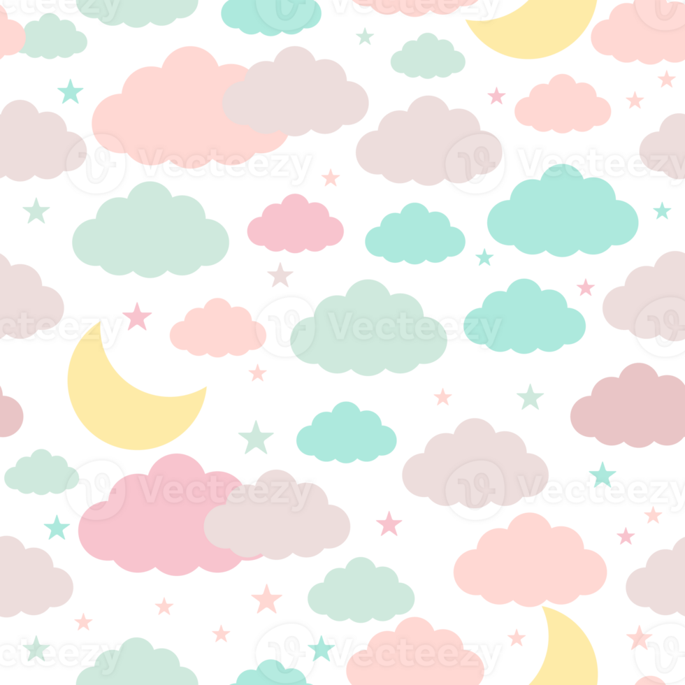 Moon, clouds and stars in pastel colors seamless patterns png