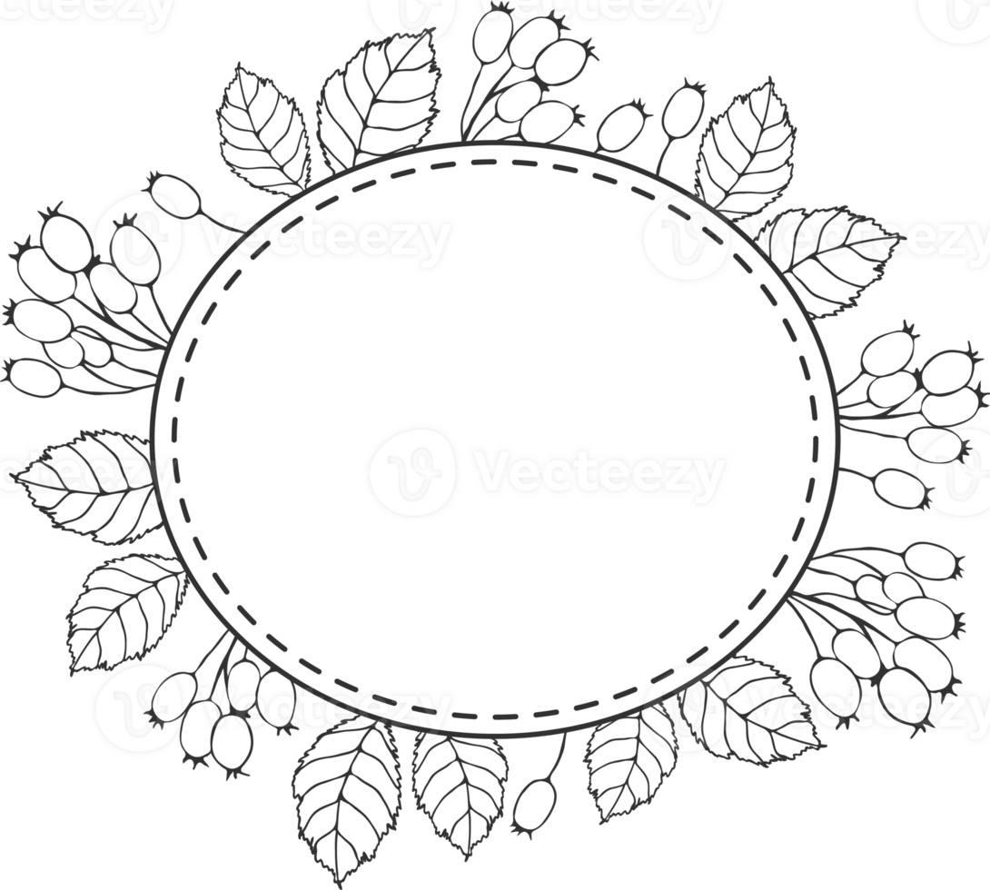 Rounded frame with hawthorn branches - berries and leaves, sketch illustration black and white silhouette png