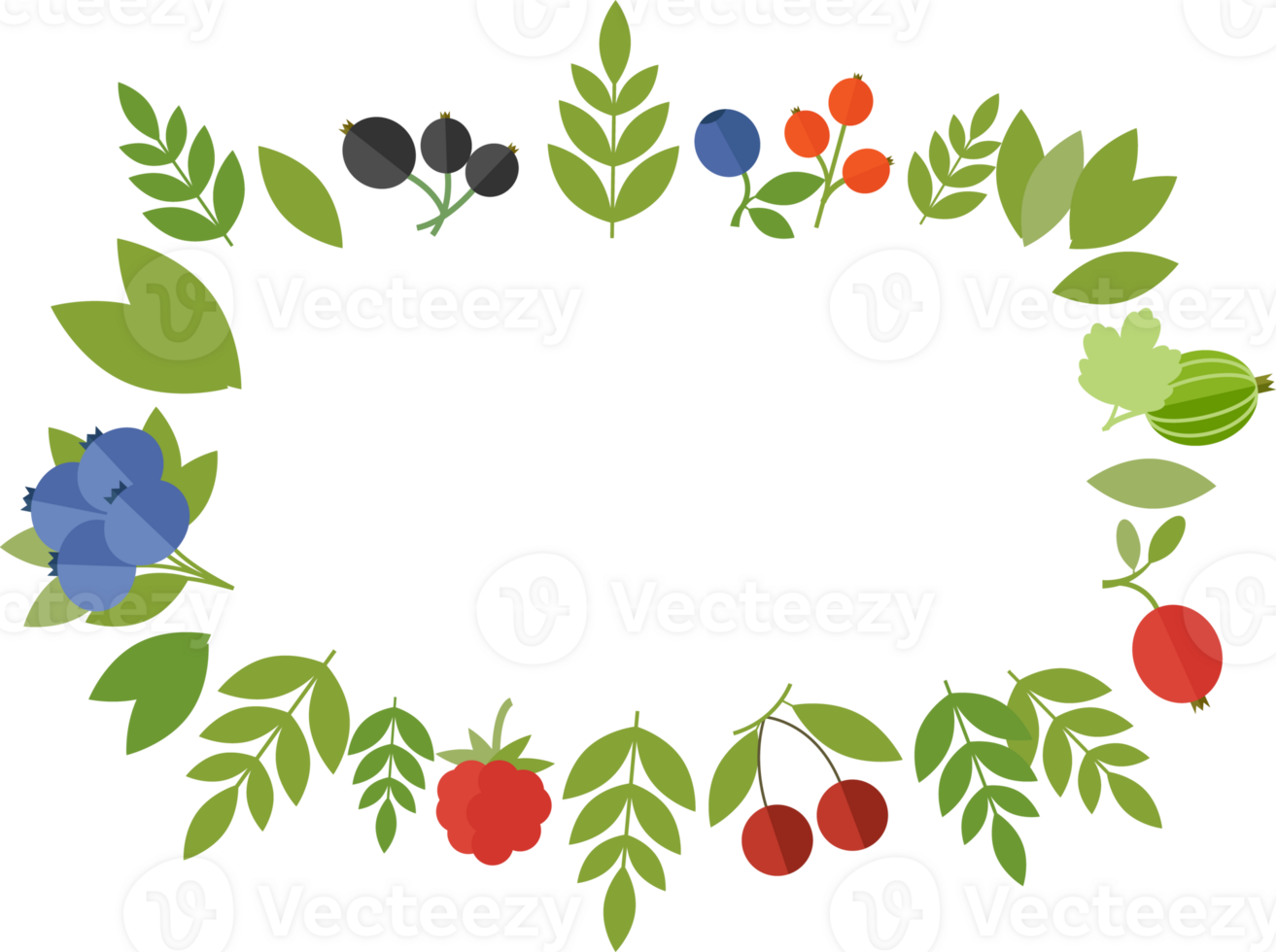 Frame of berries - raspberry, currant, cranberry, cherries, blueberries, and green leaves in flat style png