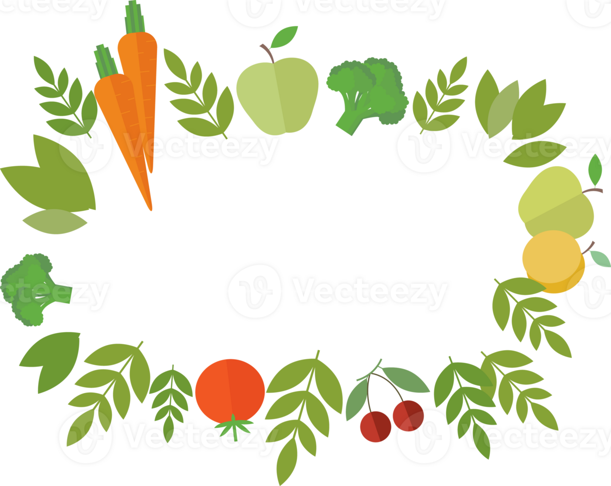 Frame of fruits and vegetables - tomato, apple, cherry, carrot, and green leaves in flat png