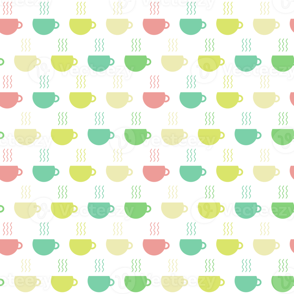 Seamless pattern with tea or coffee cups in blue, green, yellow and pink colors png
