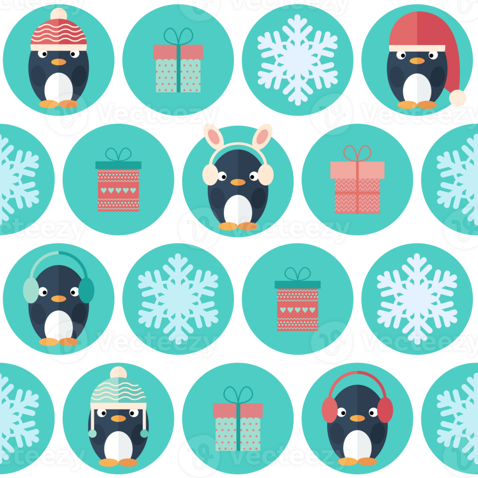 Seamless pattern with penguins in hats ,gift boxes and snowflakes png