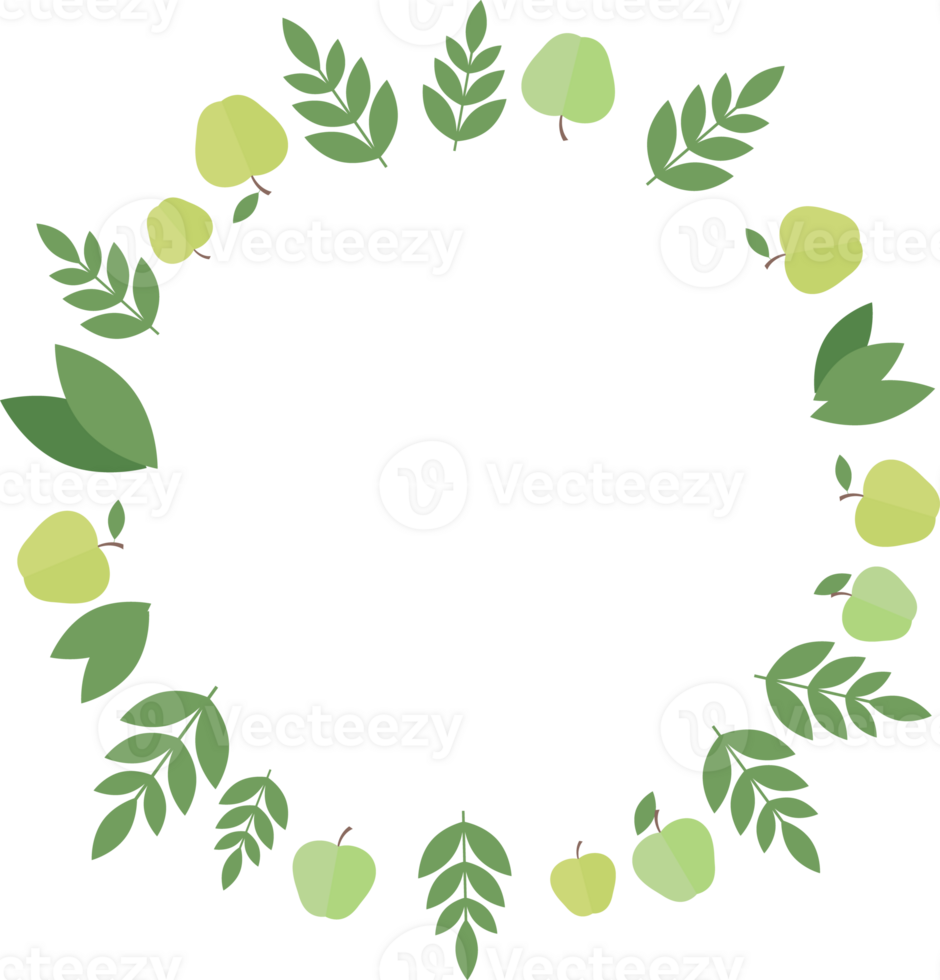 Round frame of apples and green leaves in flat png