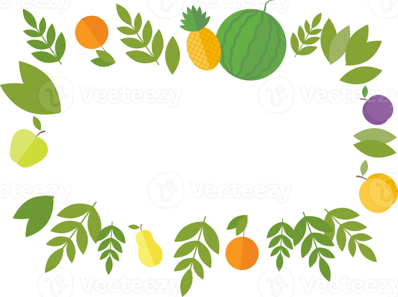 Frame of fruits - pineapple, oranges, peach, watermelon, and green leaves in flat png