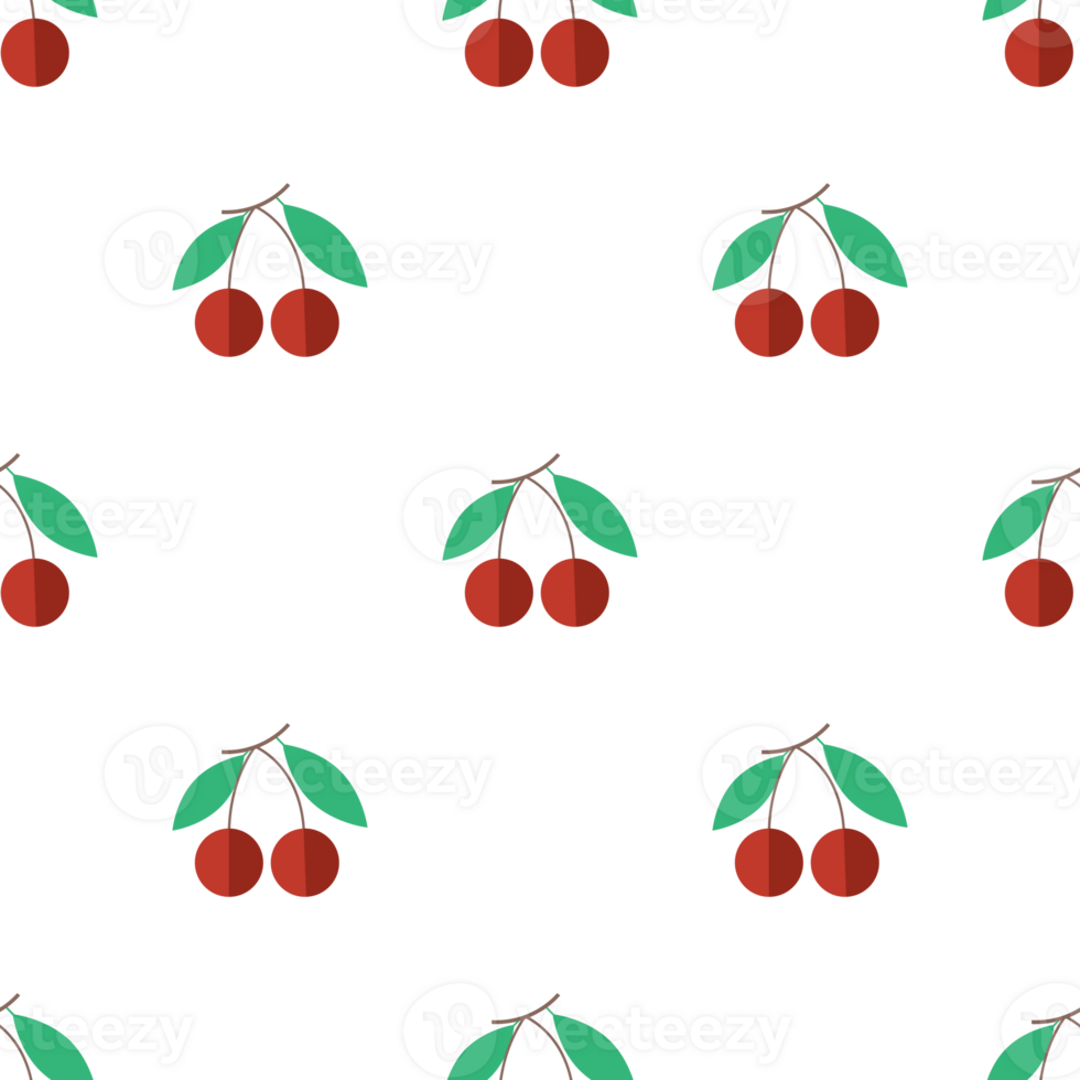 Seamless pattern with fresh cherries and green leaves in flat style png