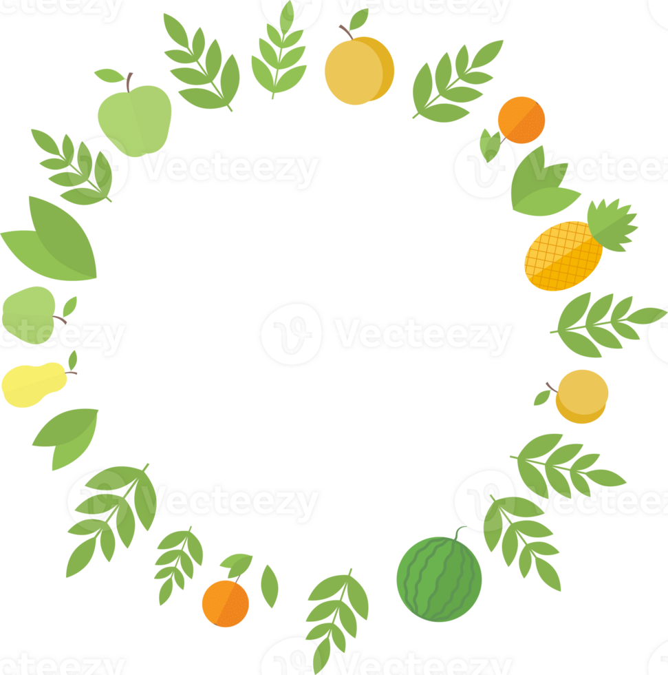 Round frame of fruits - pineapple, oranges, peach, watermelon, and green leaves in flat png