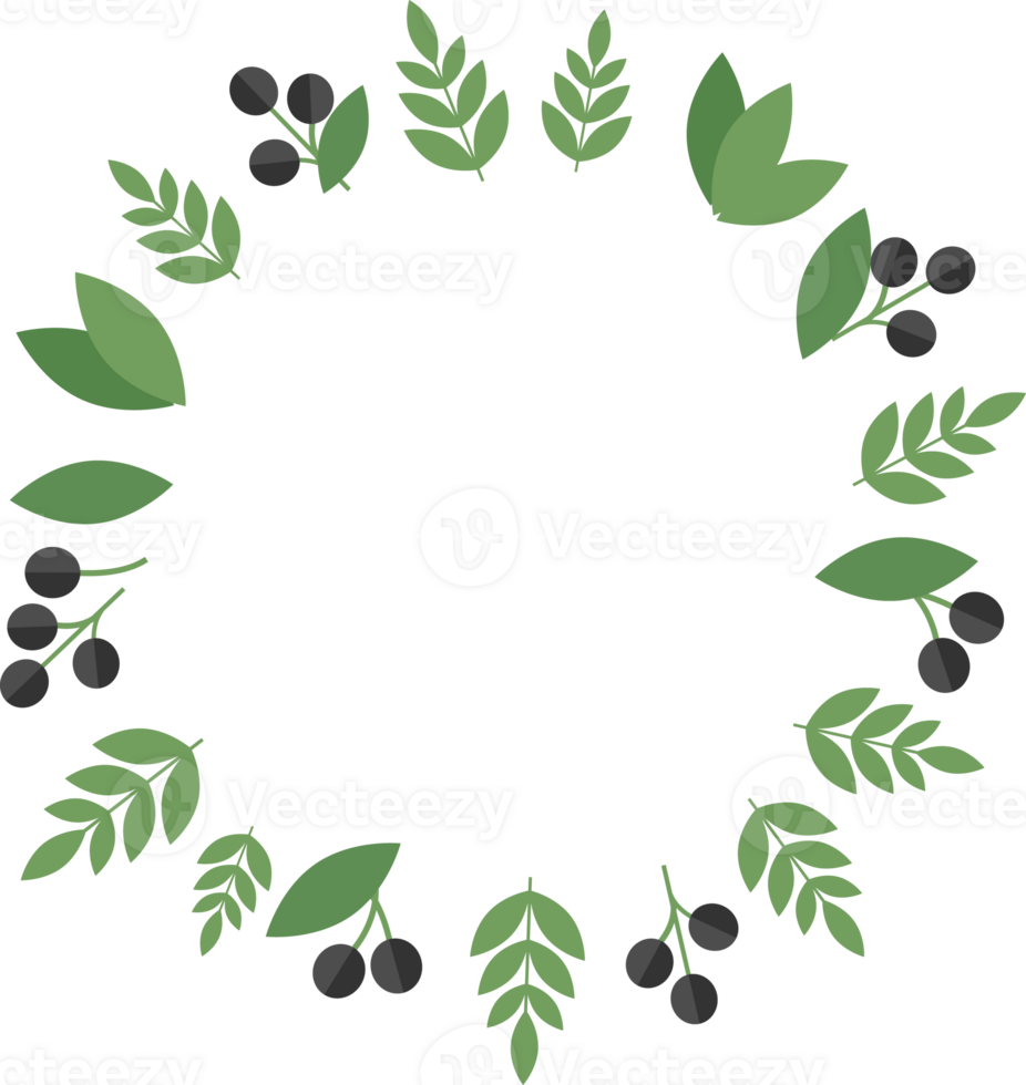 Round frame of bird cherry berries and green leaves in flat png