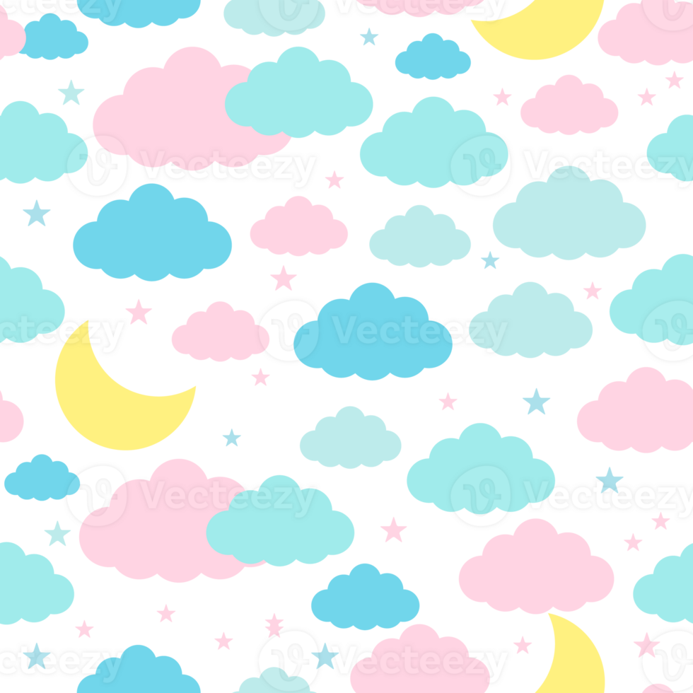 Moon, clouds and stars in pastel colors seamless patterns png