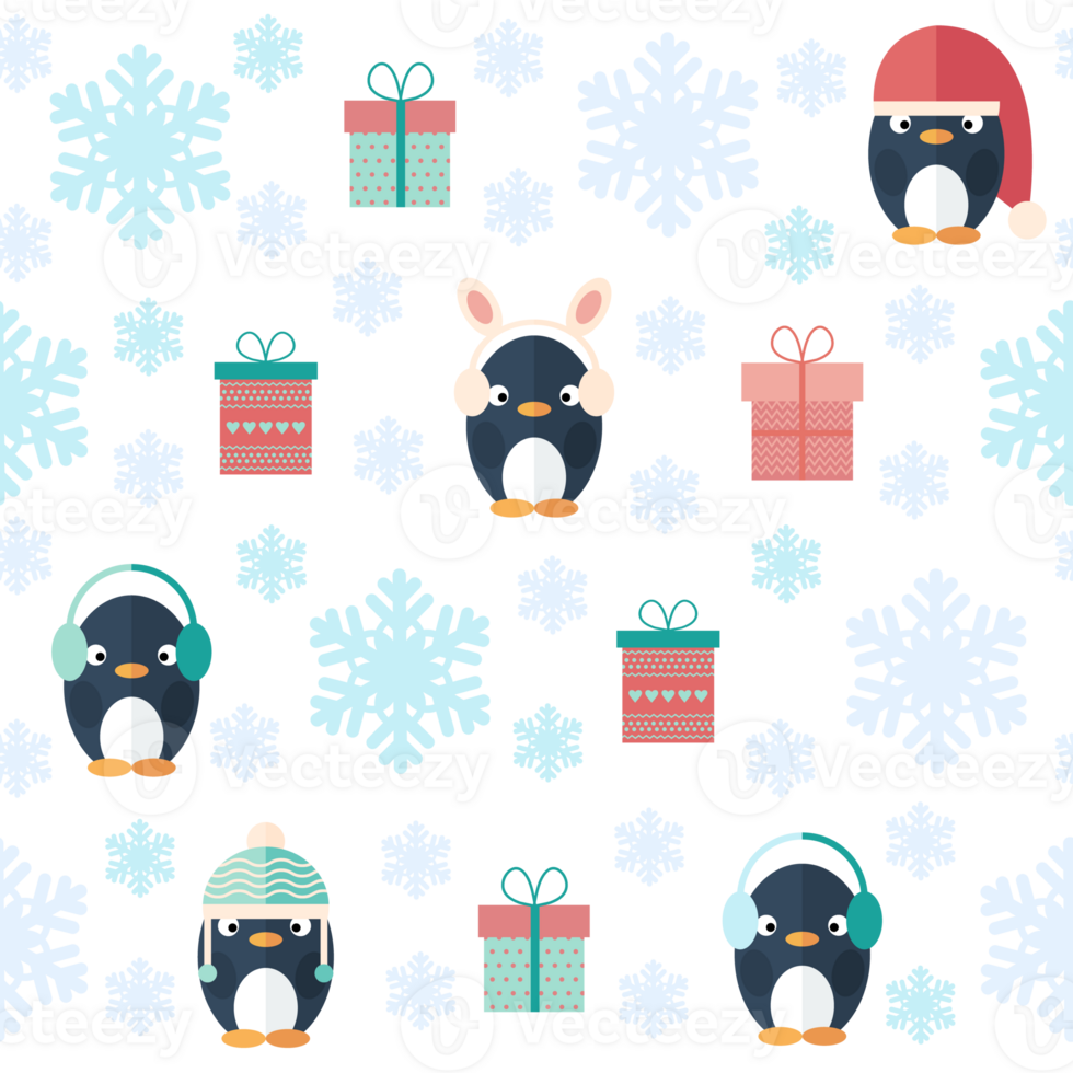 Seamless pattern with penguins in hats ,gift boxes and snoflakes png