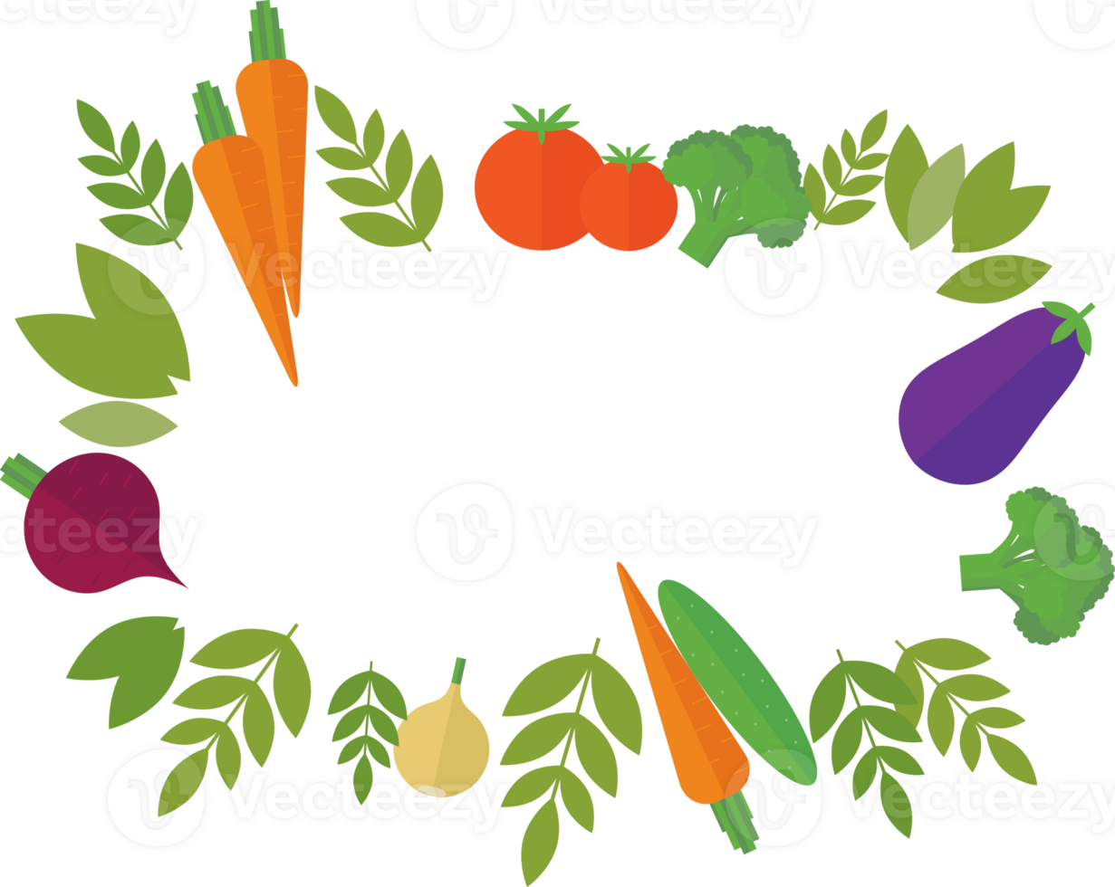 Frame of vegetables - tomato, eggplant, onion, broccoli, carrot, and green leaves in flat png