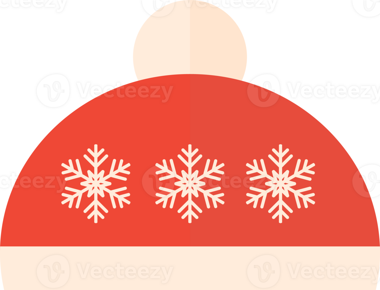 A red santa hat with white snowflakes and a pink pompom, flat icon png