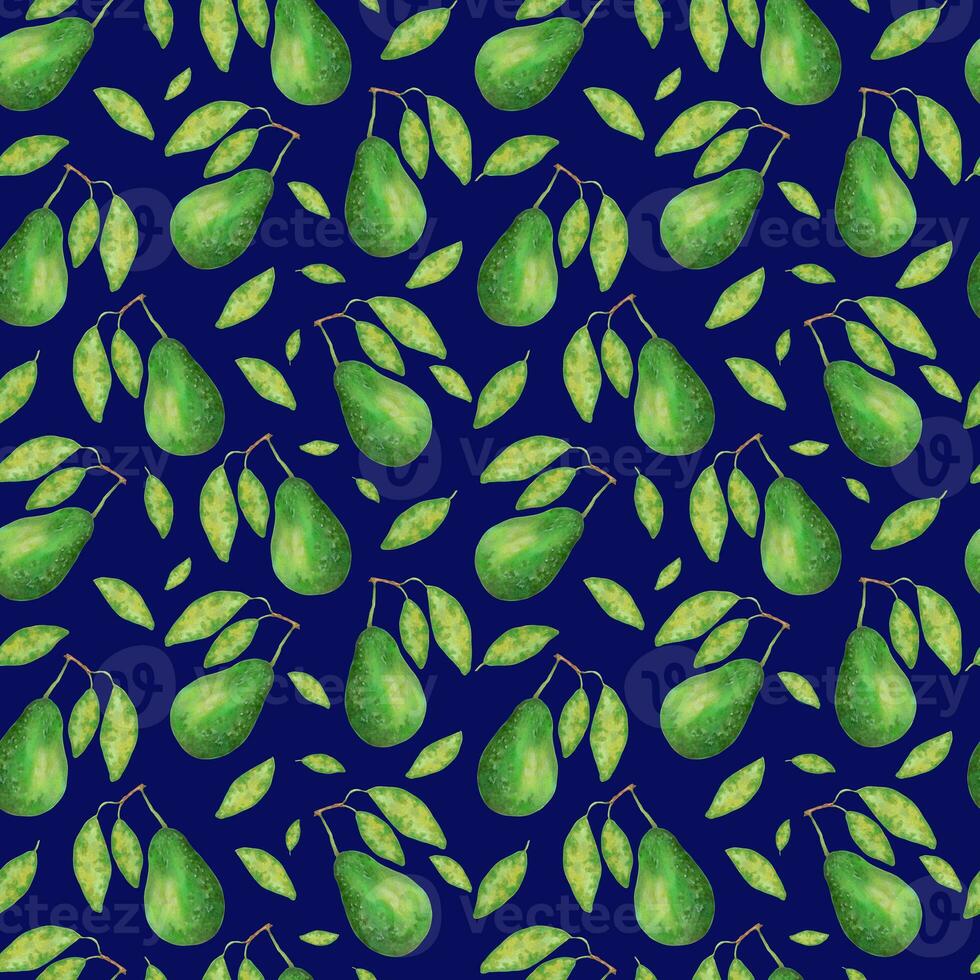 Fruit seamless pattern with avocado and leaves. Healthy vegan food texture. Botanical hand drawn illustration for textiles, food packaging and cosmetics. Illustration with watercolor and marker. photo