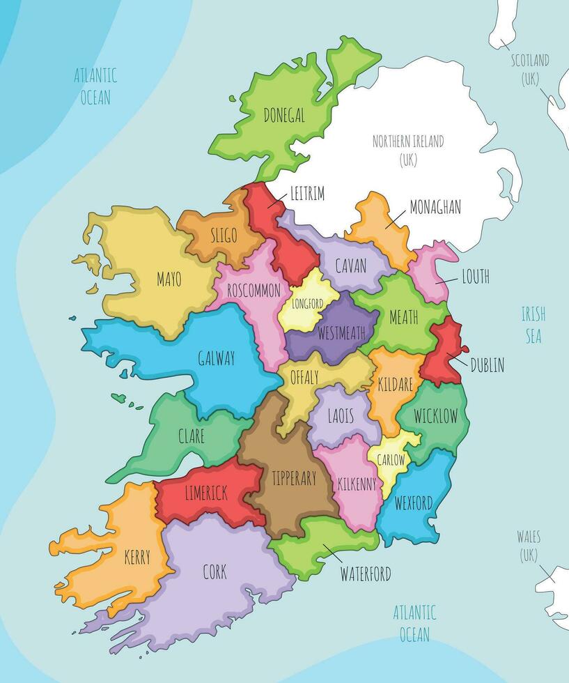 Vector illustrated map of Ireland with counties and administrative
