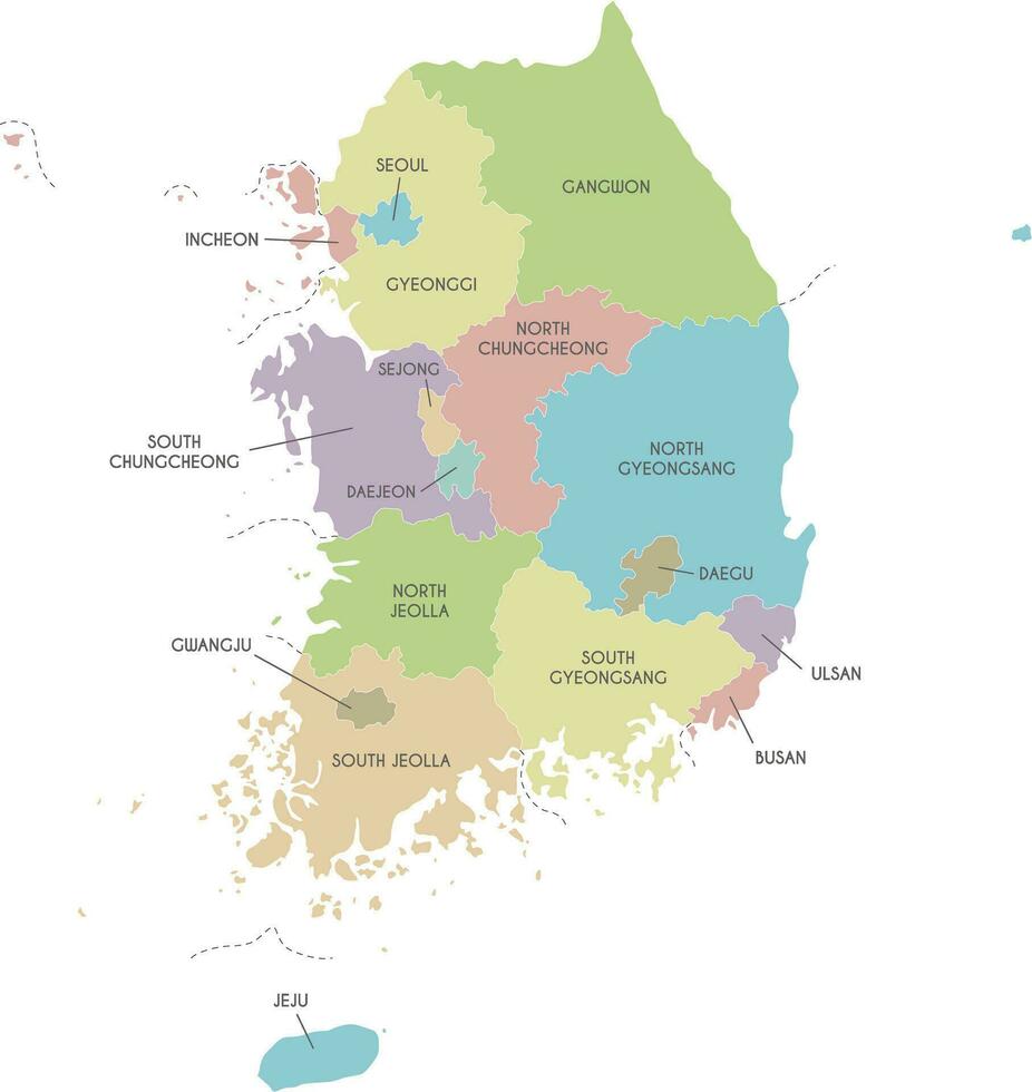 Vector map of South Korea with provinces, metropolitan cities and administrative divisions. Editable and clearly labeled layers.