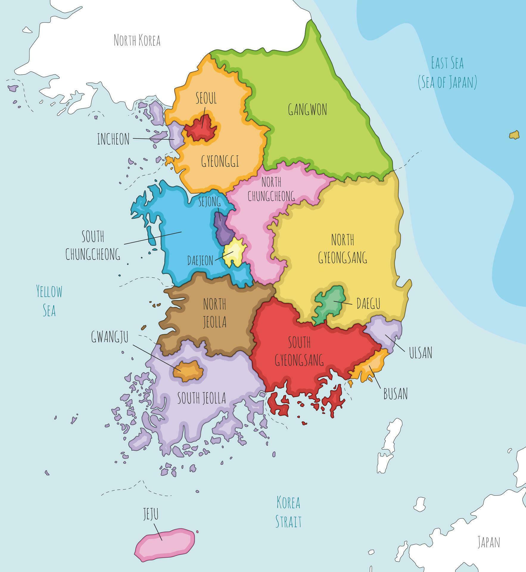 Vector illustrated map of South Korea with provinces, metropolitan