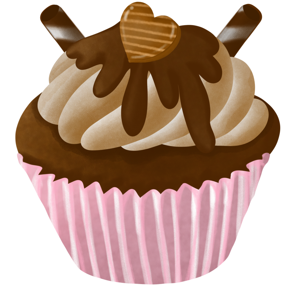 a cupcake with chocolate icing and a heart png